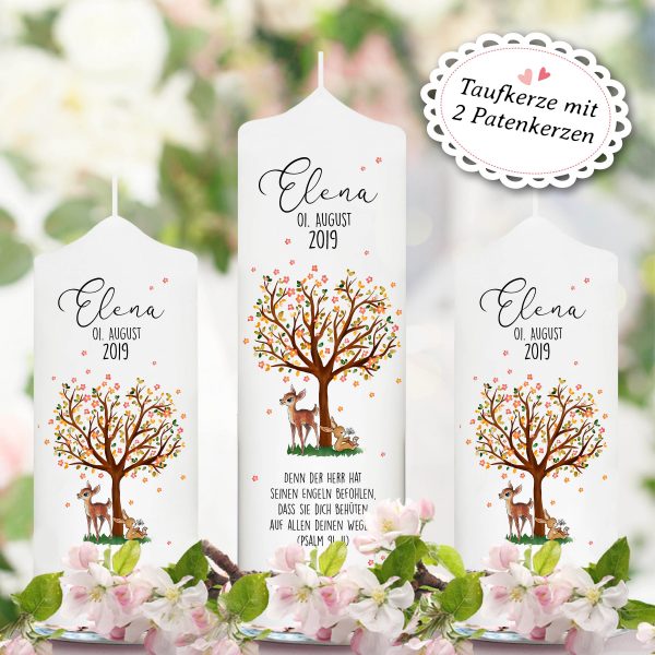 Auf dem Bild ist das Produkt: Taufkerze Kerze zur Taufe Baum Lebensbaum Taufspruch individualisierbar Hase und Reh zum Preis von €5.90 abgebildet.
