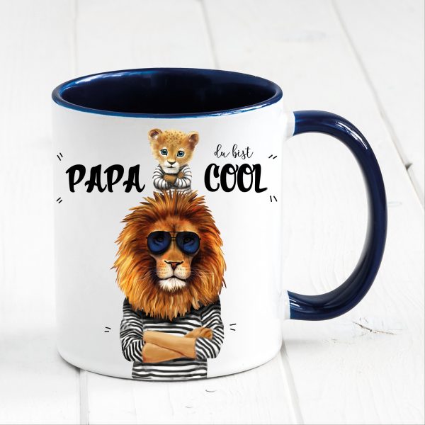 Auf dem Bild ist das Produkt: Vatertagsgeschenk Tasse bedruckt Löwe Papa du bist cool Löwenkind Junge  Mädchen Geschenk Geburtstag Papa, Ostergeschenk zum Preis von €16.9 abgebildet.