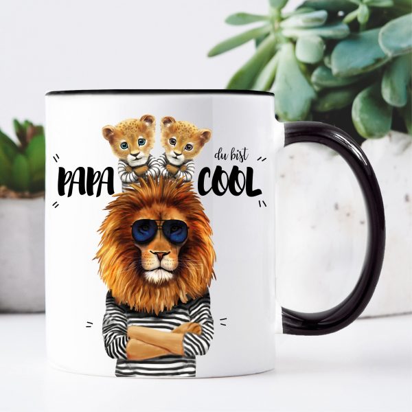 Auf dem Bild ist das Produkt: Vatertagsgeschenk Tasse bedruckt Löwe Papa du bist cool Löwenkind Junge  Mädchen Geschenk Geburtstag Papa, Ostergeschenk zum Preis von €16.9 abgebildet.