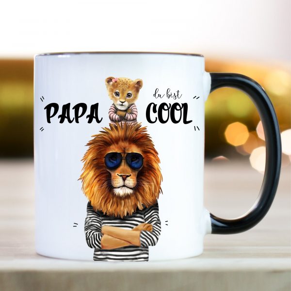 Auf dem Bild ist das Produkt: Vatertagsgeschenk Tasse bedruckt Löwe Papa du bist cool Löwenkind Junge  Mädchen Geschenk Geburtstag Papa, Ostergeschenk zum Preis von €16.9 abgebildet.