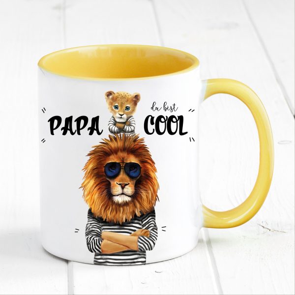 Auf dem Bild ist das Produkt: Vatertagsgeschenk Tasse bedruckt Löwe Papa du bist cool Löwenkind Junge  Mädchen Geschenk Geburtstag Papa, Ostergeschenk zum Preis von €16.9 abgebildet.