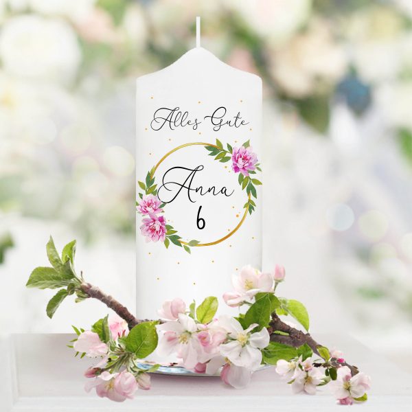 Auf dem Bild ist das Produkt: Weiße Geburtstagskerze Kerze zum Geburtstag oder Geburt Rosenkranz mit Namen Zahl und Spruch zum Preis von €5.9 abgebildet.