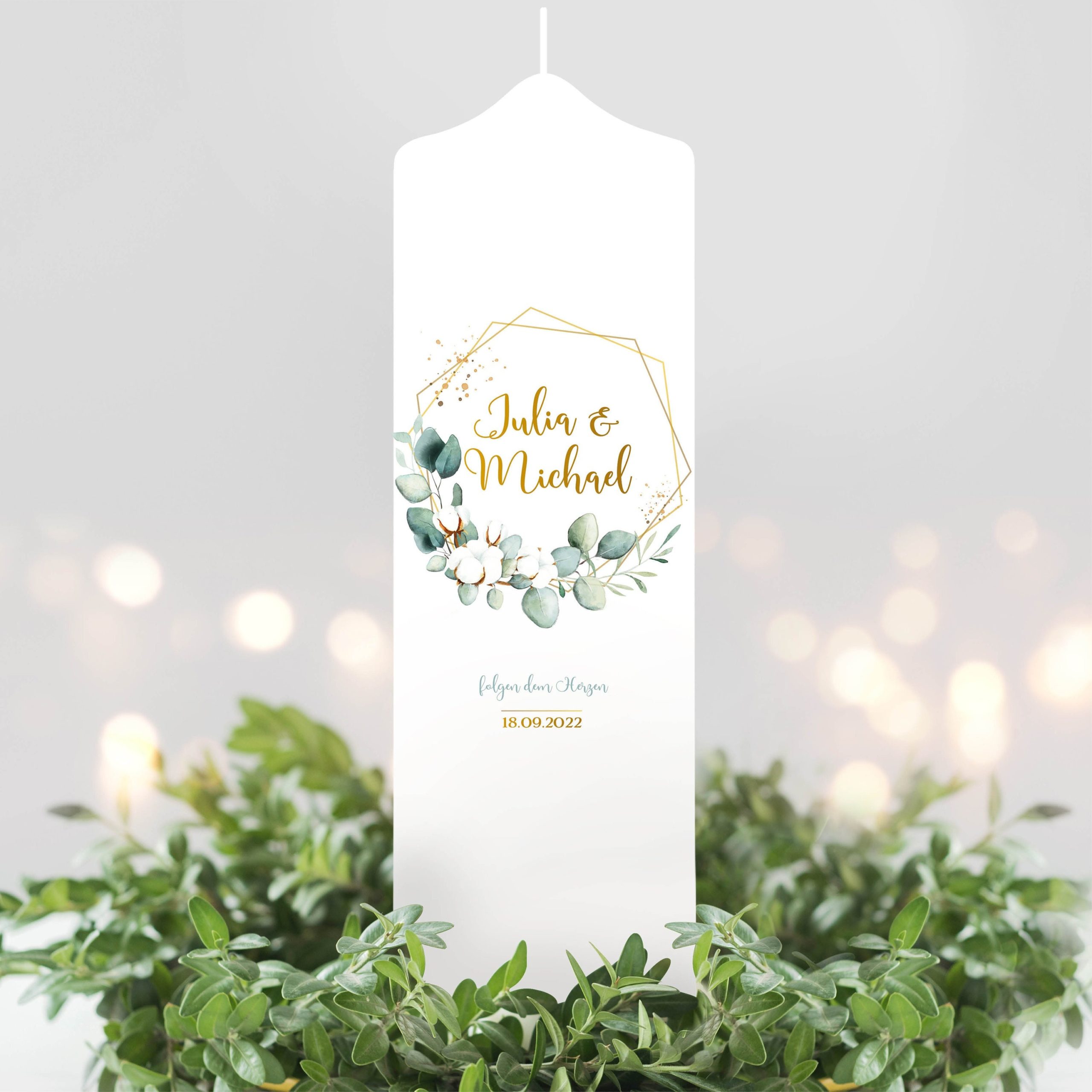 Weiße Hochzeitskerze Geburtstagskerze geometrischer Rahmen mit Eukalyptus personalisiert Hochzeitsgeschenk Spruch, Valentinstagsgeschenk