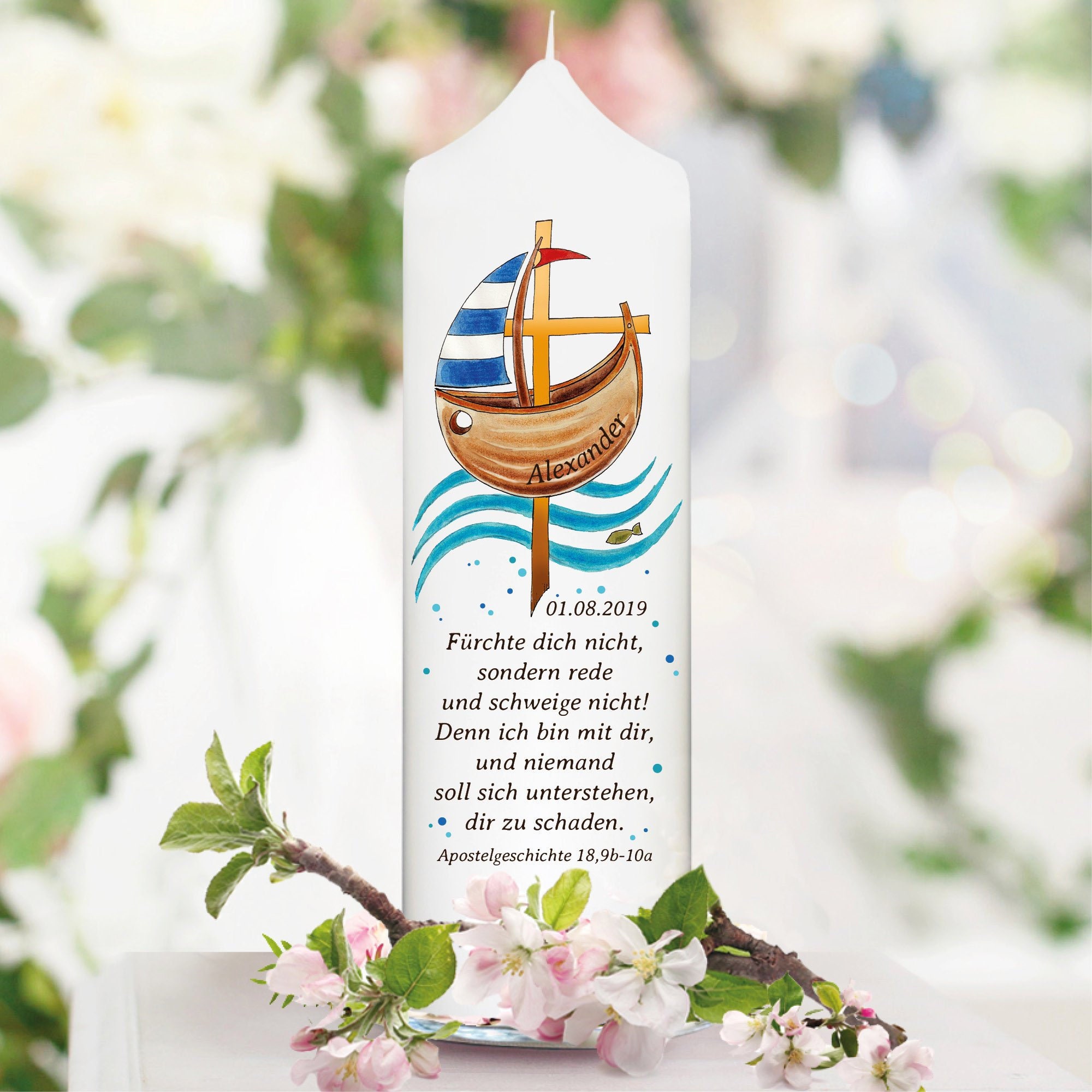 weiße Taufkerze Kerze zur Taufe oder Geburt Boot Jesuskreuz mit Name Datum Taufspruch