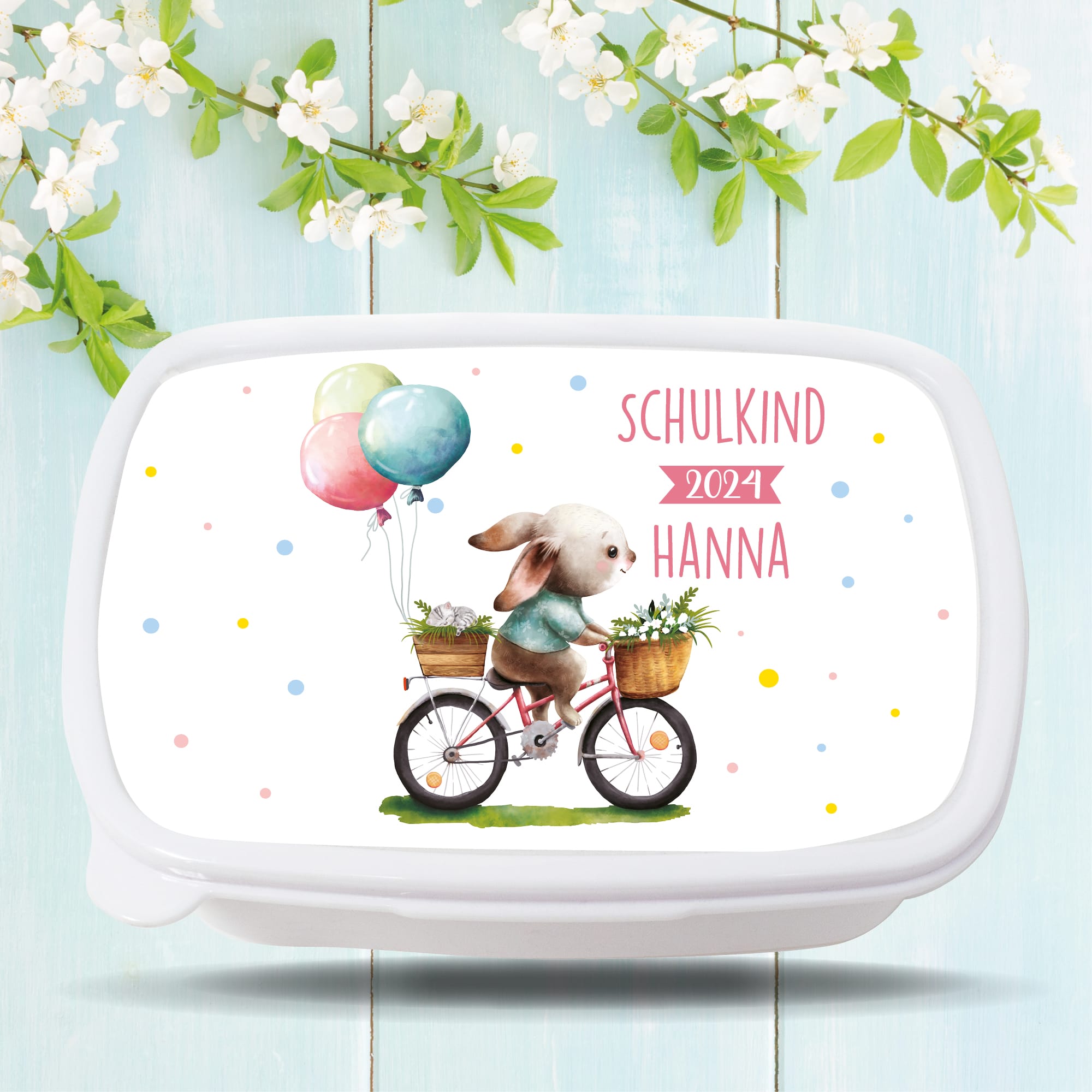 Auf dem Bild ist das Produkt: Brotdose Hase auf Fahrrad Schulkind 2024 personalisiert mit dem Wunschnamen kratz- und bruchsicher Geschenk Einschulung Geburtstag zum Preis von €19.9 abgebildet.