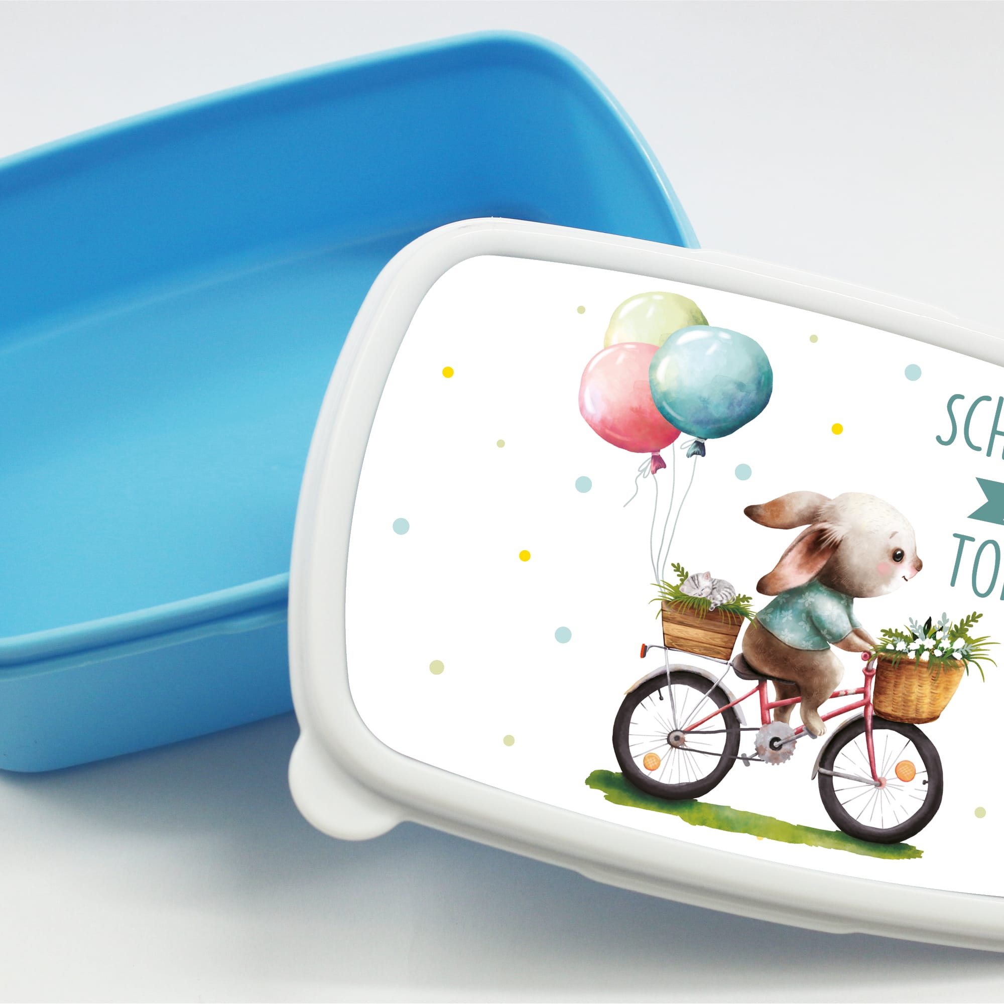 Auf dem Bild ist das Produkt: Brotdose Hase auf Fahrrad Schulkind 2024 personalisiert mit dem Wunschnamen kratz- und bruchsicher Geschenk Einschulung Geburtstag zum Preis von €19.9 abgebildet.