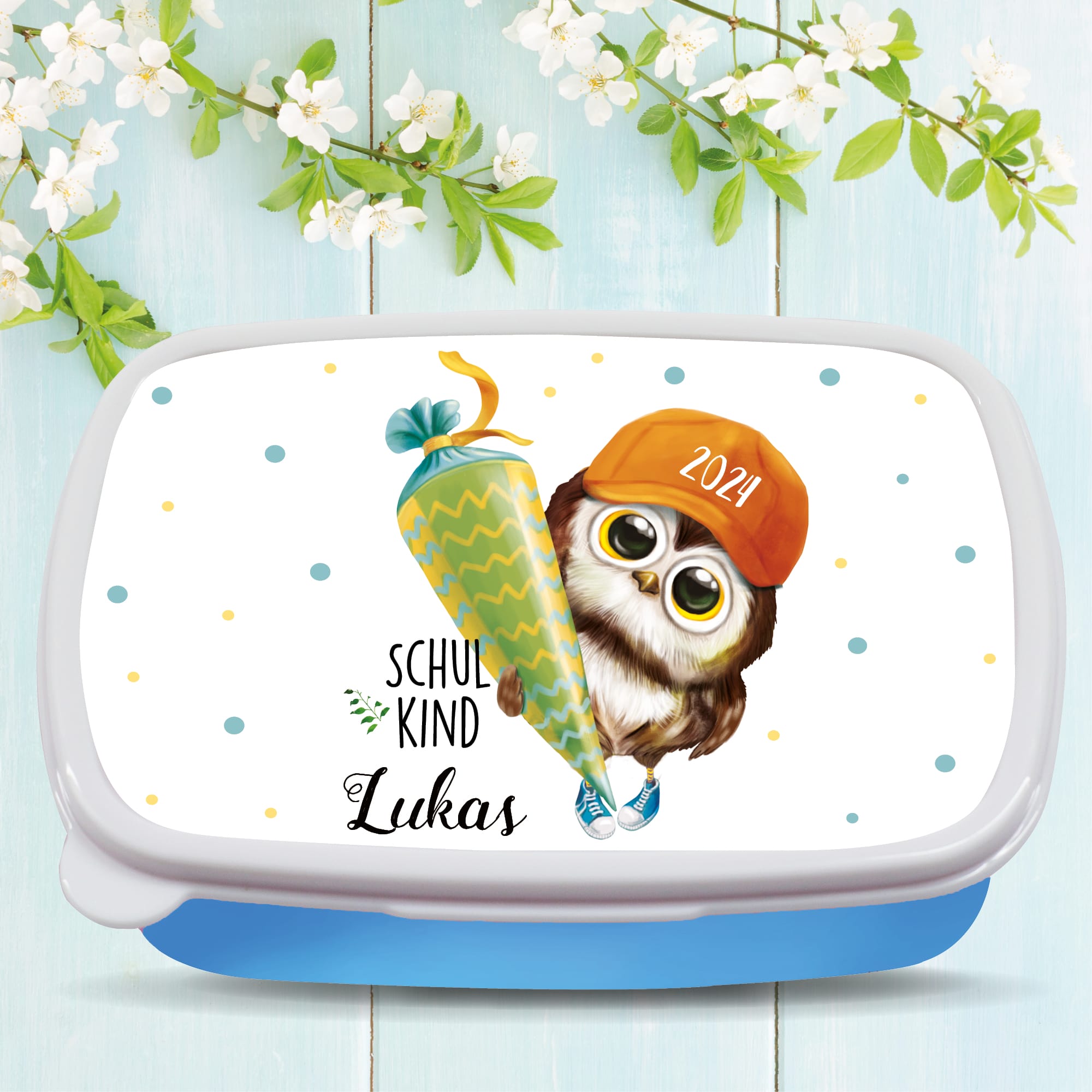 Auf dem Bild ist das Produkt: Personalisierte Brotdose mit Name Eule Schultüte Wunschname Geschenk Einschulung Geburtstag Schulanfang BPA-frei zum Preis von €19.9 abgebildet.