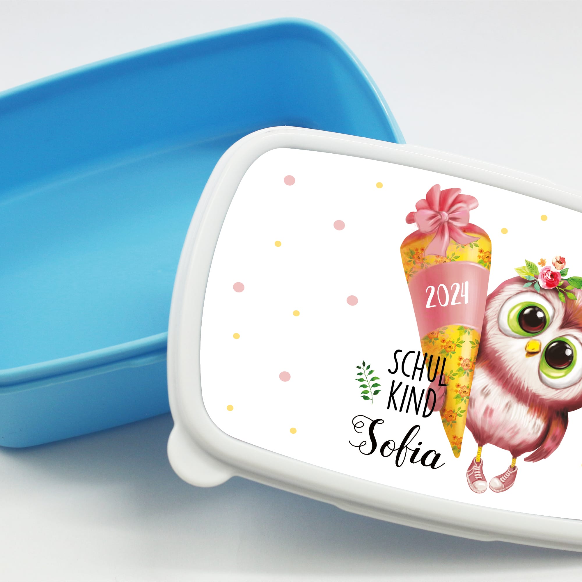Auf dem Bild ist das Produkt: Personalisierte Brotdose Vogel Eule mit Schultüte anpassbar mit Wunschnamen kratz- und bruchsicher Geschenk Einschulung Geburtstag Schulanfang zum Preis von €19.9 abgebildet.