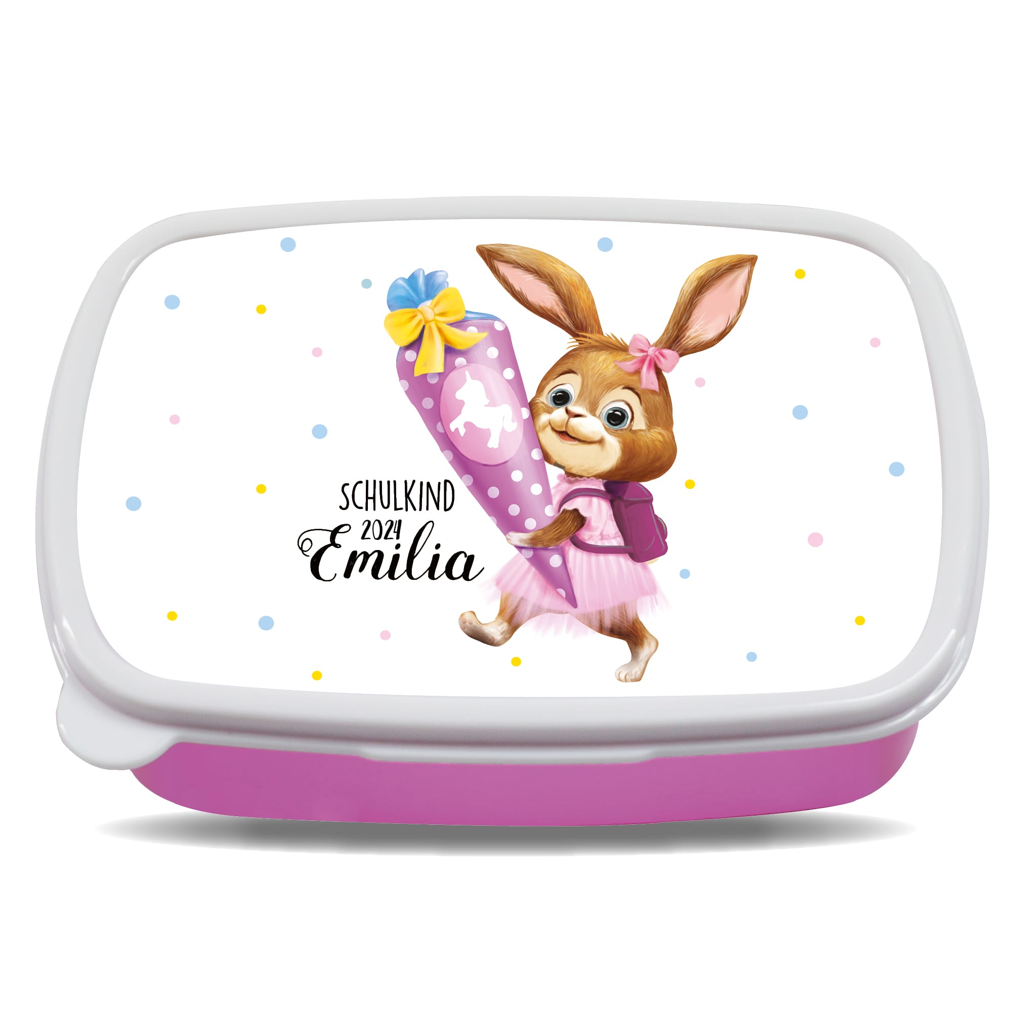 Auf dem Bild ist das Produkt: Personalisierte Brotdose Hase Schultüte anpassbar mit Wunschnamen kratz- und bruchsicher Geschenk Einschulung Schulanfang zum Preis von €19.9 abgebildet.