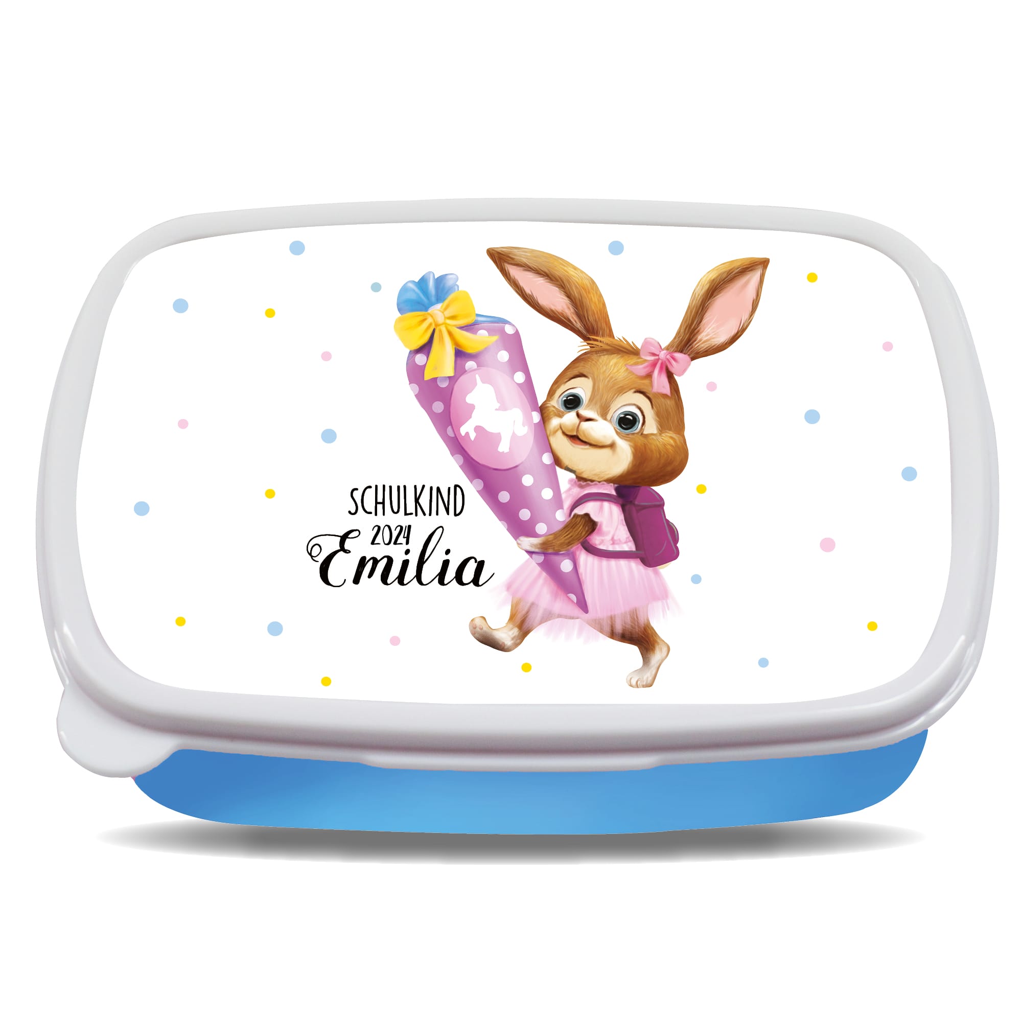 Auf dem Bild ist das Produkt: Personalisierte Brotdose Hase Schultüte anpassbar mit Wunschnamen kratz- und bruchsicher Geschenk Einschulung Schulanfang zum Preis von €19.9 abgebildet.