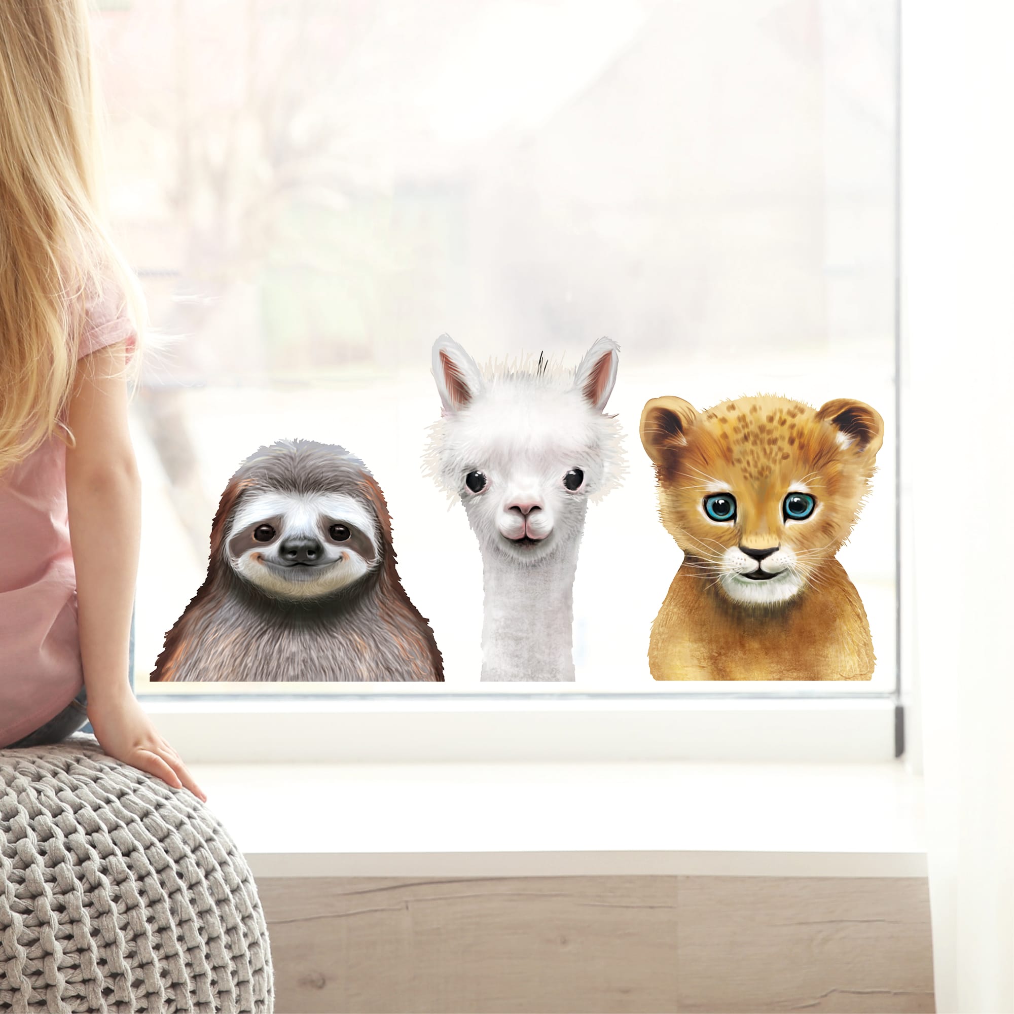 Auf dem Bild ist das Produkt: Fensterbild Frühling Ostern Tierköpfe Robbe Giraffe Faultier Alpaka Löwe Fensterdeko Kinderzimmer Kind, Osterdeko, Frühlingsdeko zum Preis von €13.9 abgebildet.