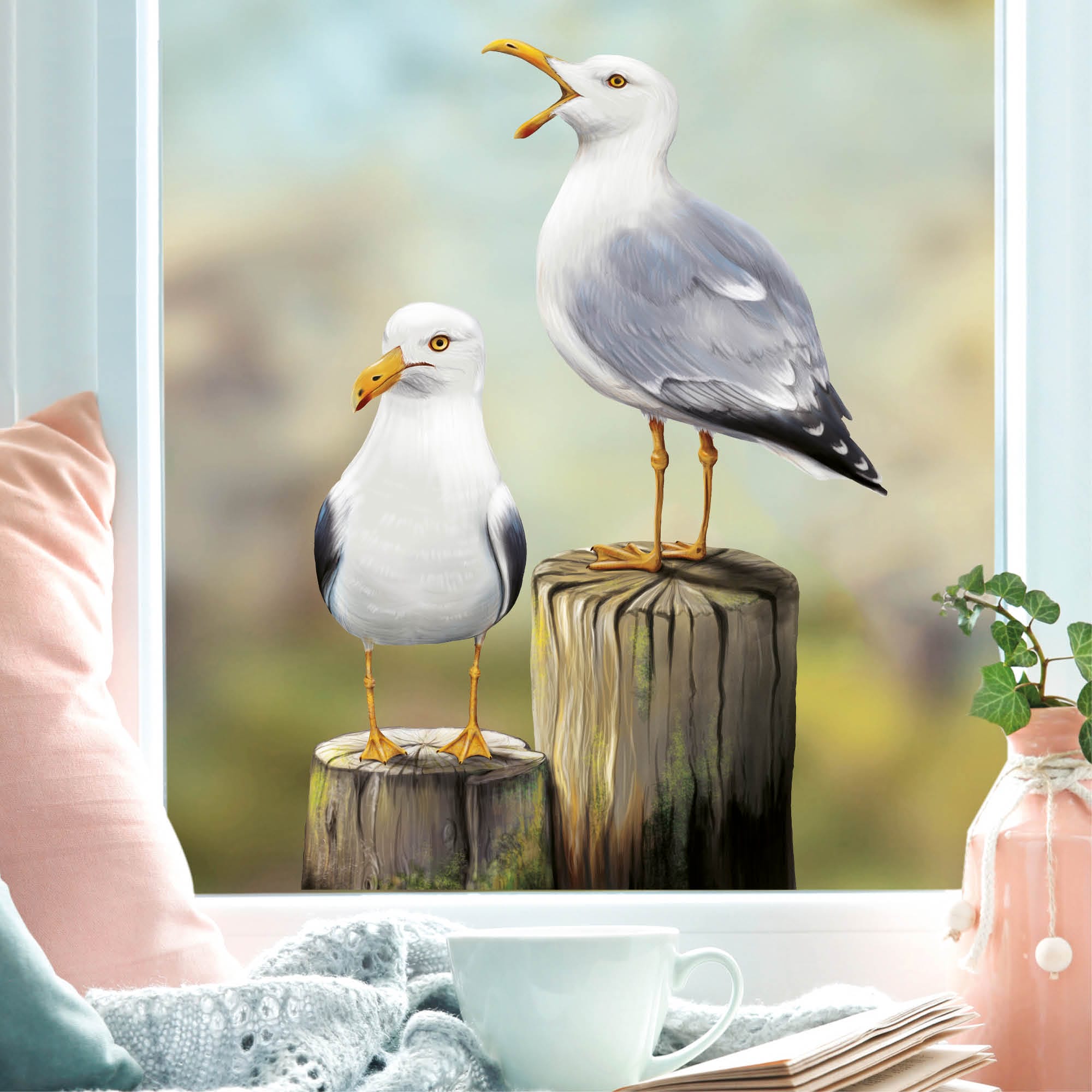 Auf dem Bild ist das Produkt: Fensterbild Frühling Möwen Möwe maritim Ostsee Urlaub Fensterdeko Kinderzimmer Kind Osterdeko Frühlingsdeko Vögel zum Preis von €13.90 abgebildet.