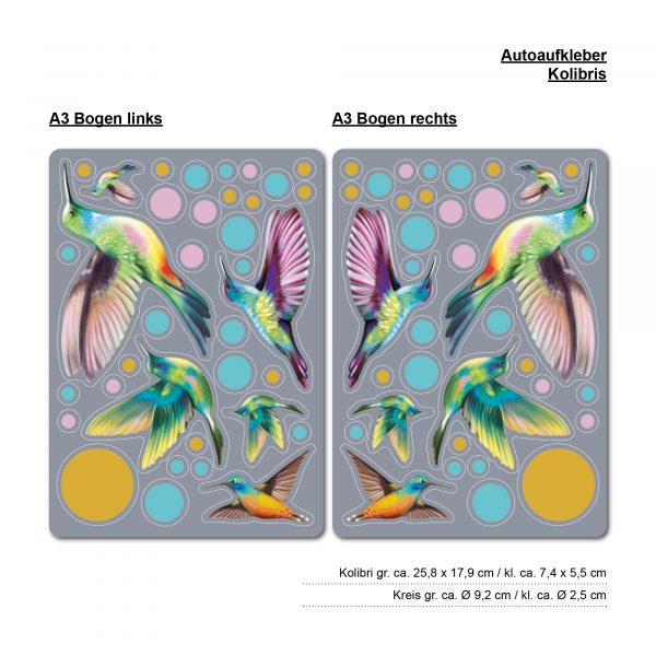 Auf dem Bild ist das Produkt: Autoaufkleber Kolibri Dekoration Fahrzeug zum Preis von €25.90 abgebildet.