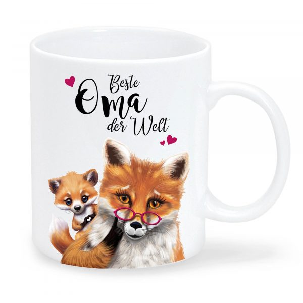 Auf dem Bild ist das Produkt: Bedruckte Tasse Fuchs mit Fuchskind Beste Oma der Welt Geschenk Geburtstag Großmutter zum Preis von €15.90 abgebildet.