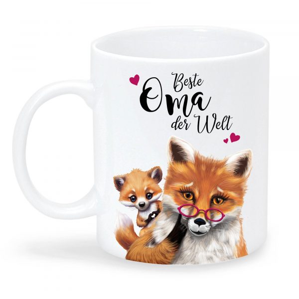 Auf dem Bild ist das Produkt: Bedruckte Tasse Fuchs mit Fuchskind Beste Oma der Welt Geschenk Geburtstag Großmutter zum Preis von €15.90 abgebildet.