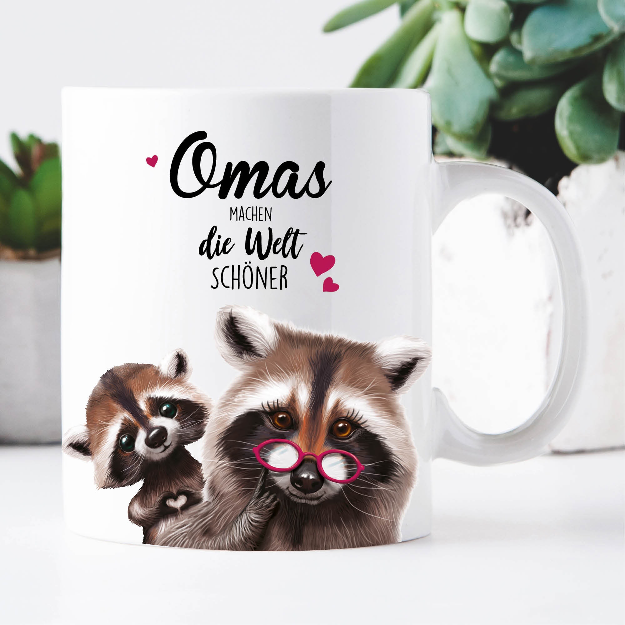 Bedruckte Tasse Waschbär mit Waschbärkind Omas machen die Welt schöner Geschenk Geburtstag Großmutter