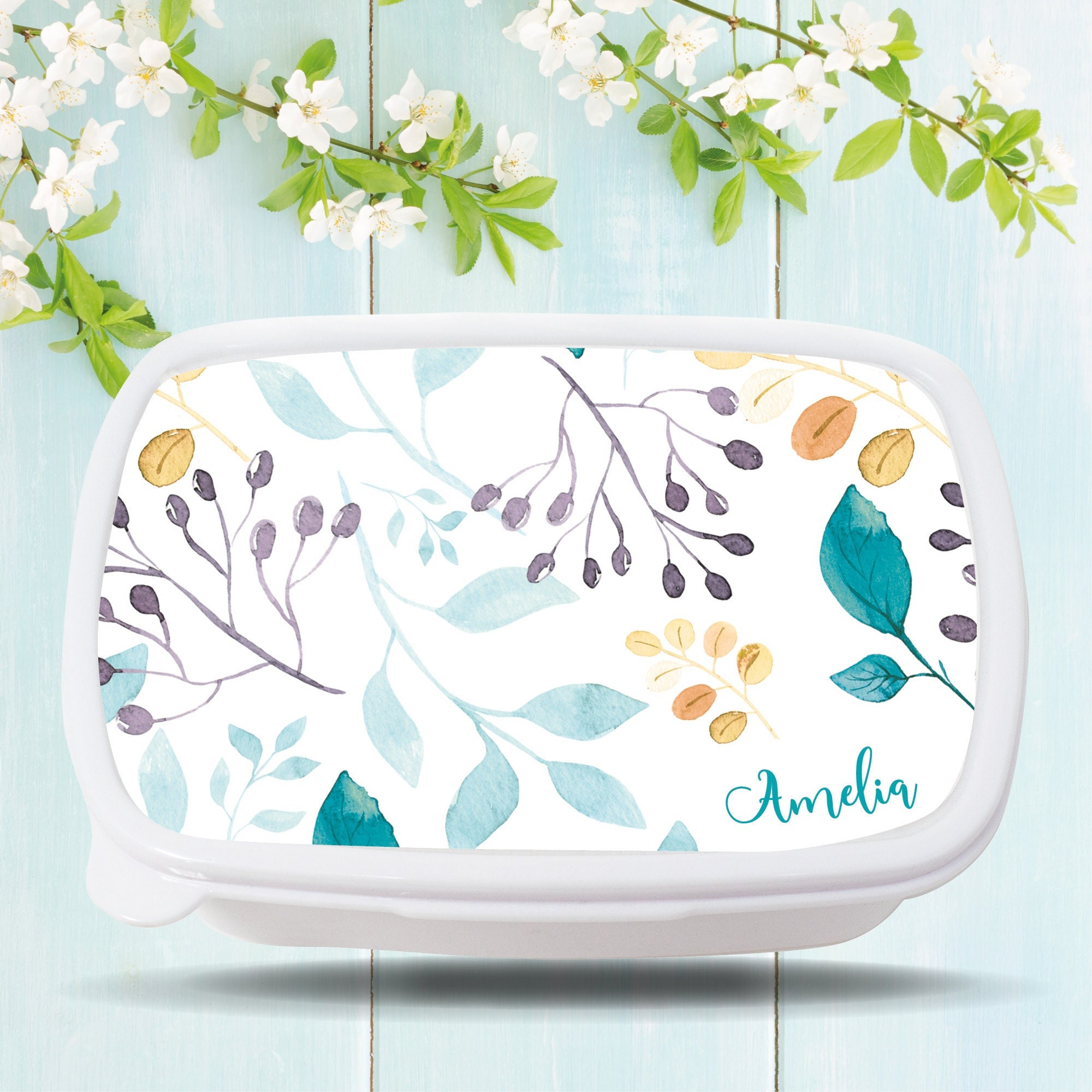 Brotdose Aquarell Blätter floral personalisiert mit dem Wunschnamen, kratz- und bruchsicher, Geschenk Geburtstag, Ostergeschenk