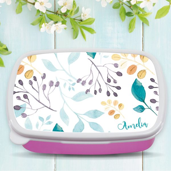 Auf dem Bild ist das Produkt: Brotdose Aquarell Blätter floral personalisiert mit dem Wunschnamen, kratz- und bruchsicher, Geschenk Geburtstag, Ostergeschenk zum Preis von €19.9 abgebildet.