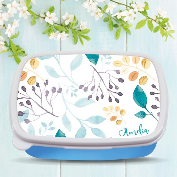 Auf dem Bild ist das Produkt: Brotdose Aquarell Blätter floral personalisiert mit dem Wunschnamen, kratz- und bruchsicher, Geschenk Geburtstag, Ostergeschenk zum Preis von €19.9 abgebildet.