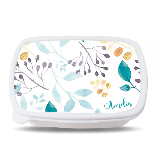 Auf dem Bild ist das Produkt: Brotdose Aquarell Blätter floral personalisiert mit dem Wunschnamen, kratz- und bruchsicher, Geschenk Geburtstag, Ostergeschenk zum Preis von €19.9 abgebildet.