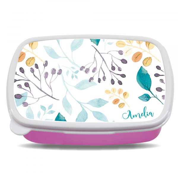 Auf dem Bild ist das Produkt: Brotdose Aquarell Blätter floral personalisiert mit dem Wunschnamen, kratz- und bruchsicher, Geschenk Geburtstag, Ostergeschenk zum Preis von €19.9 abgebildet.