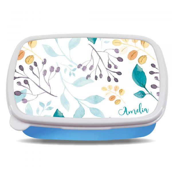 Auf dem Bild ist das Produkt: Brotdose Aquarell Blätter floral personalisiert mit dem Wunschnamen, kratz- und bruchsicher, Geschenk Geburtstag, Ostergeschenk zum Preis von €19.9 abgebildet.
