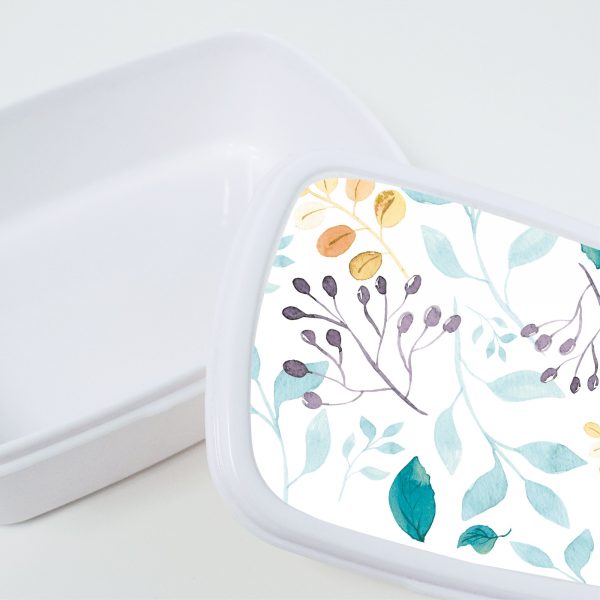 Auf dem Bild ist das Produkt: Brotdose Aquarell Blätter floral personalisiert mit dem Wunschnamen, kratz- und bruchsicher, Geschenk Geburtstag, Ostergeschenk zum Preis von €19.9 abgebildet.