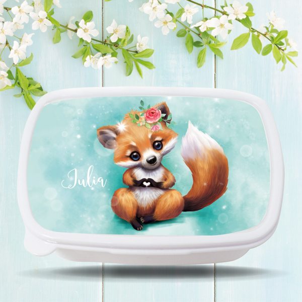 Auf dem Bild ist das Produkt: Brotdose Fuchs mit Herz personalisiert mit dem Wunschnamen, kratz- und bruchsicher, Geschenk Geburtstag, Einschulung zum Preis von €19.9 abgebildet.