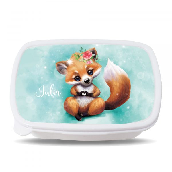 Auf dem Bild ist das Produkt: Brotdose Fuchs mit Herz personalisiert mit dem Wunschnamen, kratz- und bruchsicher, Geschenk Geburtstag, Einschulung zum Preis von €19.9 abgebildet.