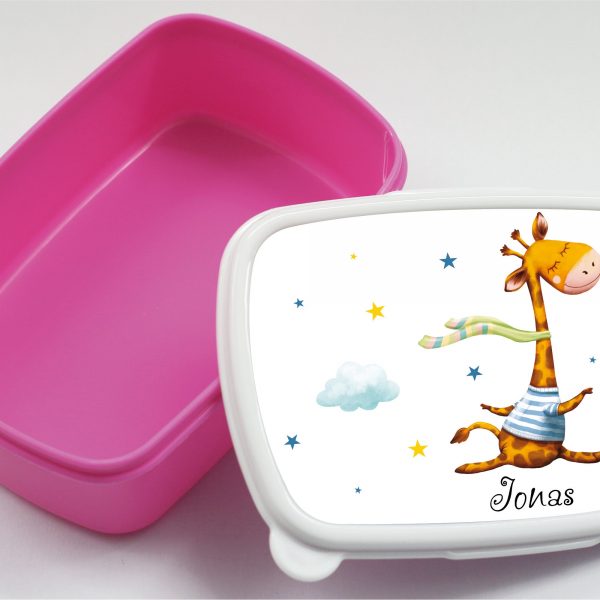 Auf dem Bild ist das Produkt: Brotdose Giraffe personalisiert mit dem Wunschnamen, kratz- und bruchsicher, Geschenk Geburtstag, Ostergeschenk zum Preis von €19.9 abgebildet.