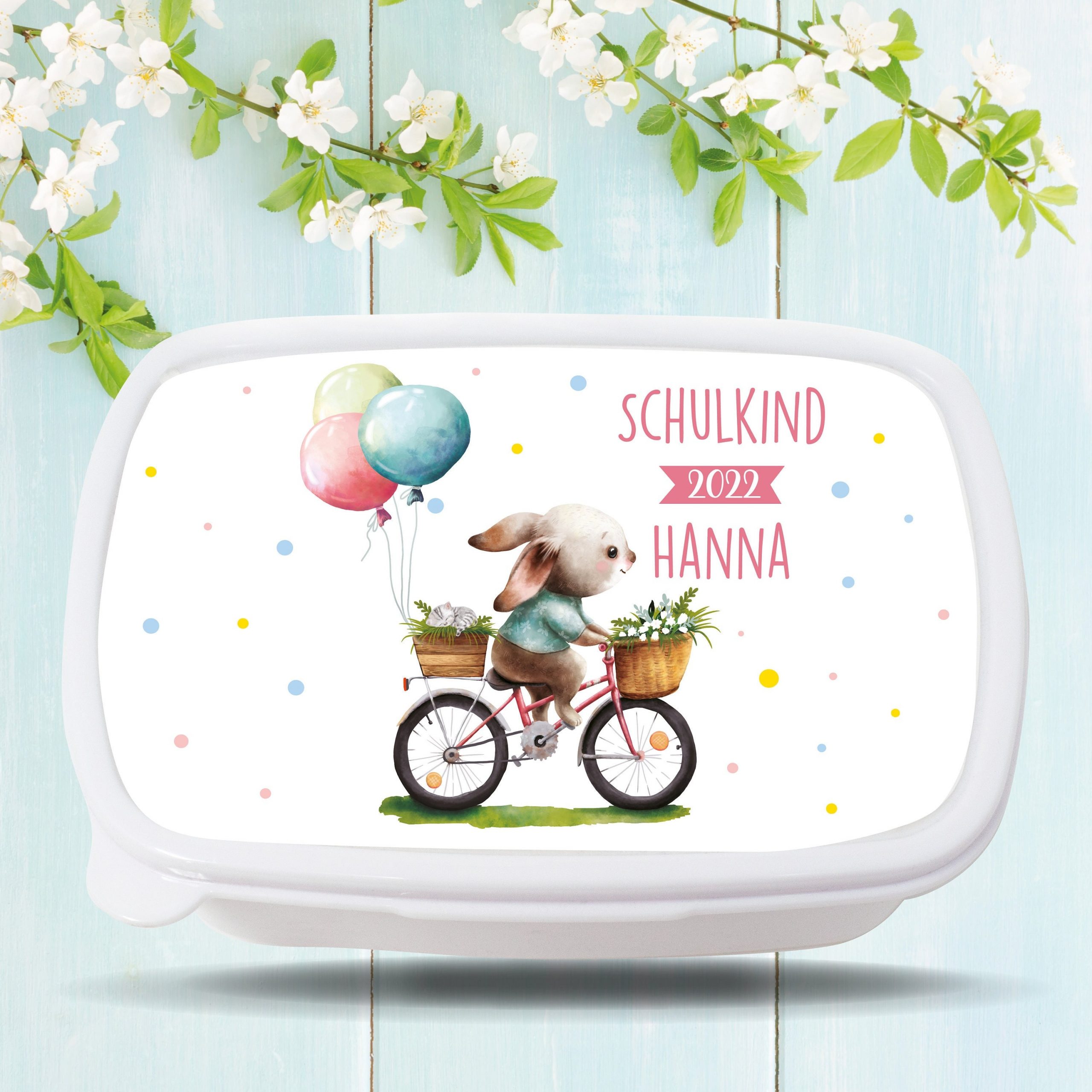 Brotdose Hase auf Fahrrad Schulkind 2022 personalisiert mit dem Wunschnamen, kratz- und bruchsicher, Geschenk Einschulung Geburtstag