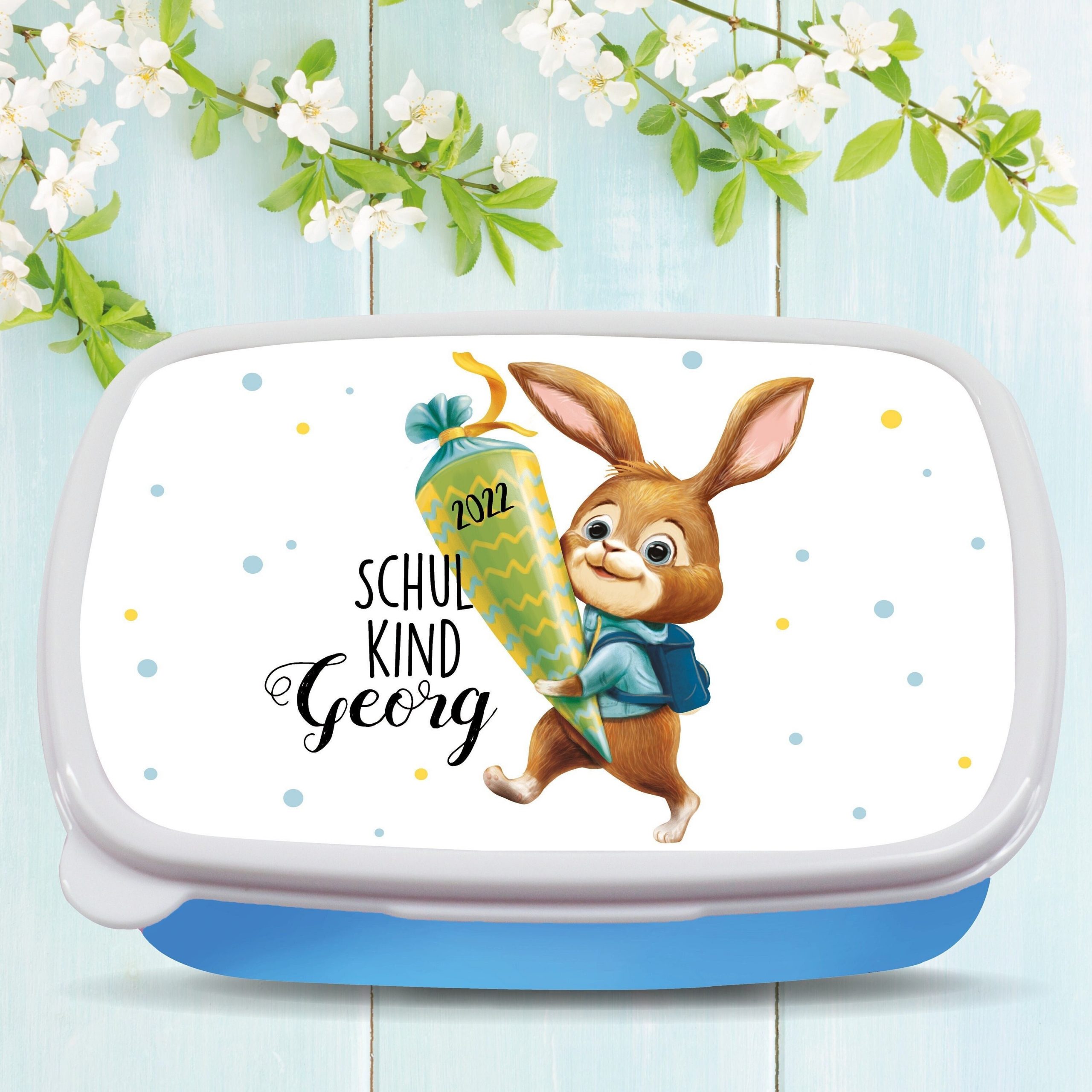 Brotdose Hase Häschen mit Schultüte personalisiert mit dem Wunschnamen, kratz- und bruchsicher, Geschenk Einschulung Geburtstag Junge