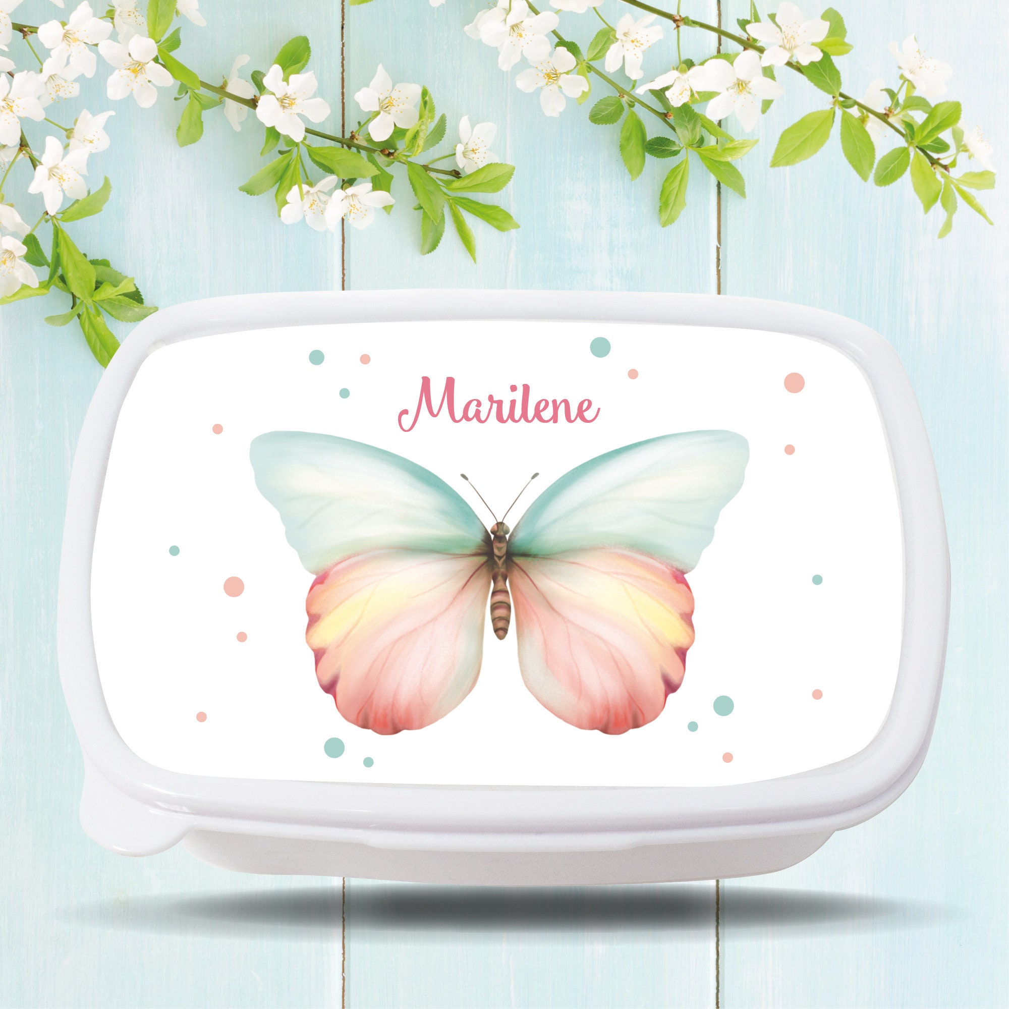 Brotdose Schmetterling personalisiert mit dem Wunschnamen, kratz- und bruchsicher, Geschenk Geburtstag, Einschulungsgeschenk