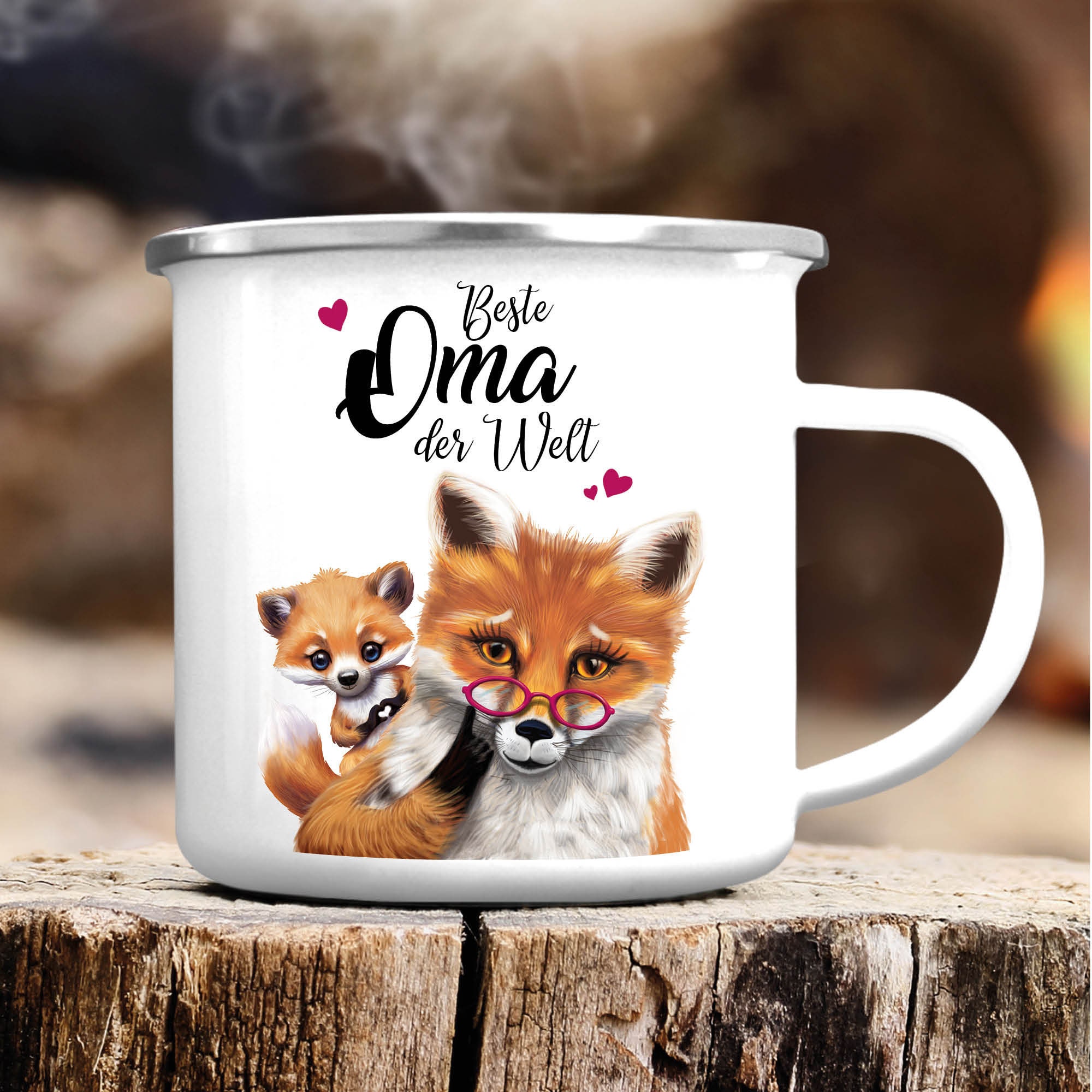 Emaille Campingbecher Fuchs Beste Oma der Welt Kaffeetasse Geschenk Muttertag Großmutter