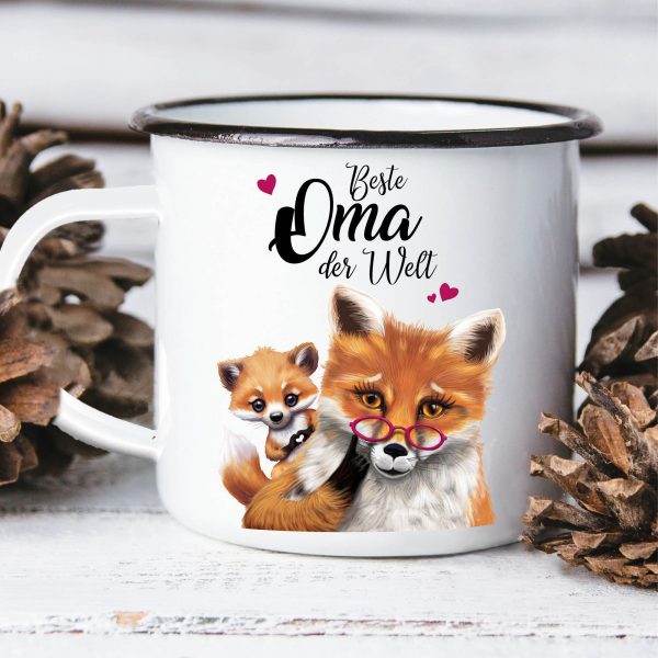 Auf dem Bild ist das Produkt: Emaille Campingbecher Fuchs Beste Oma der Welt Kaffeetasse Geschenk Muttertag Großmutter zum Preis von €18.90 abgebildet.