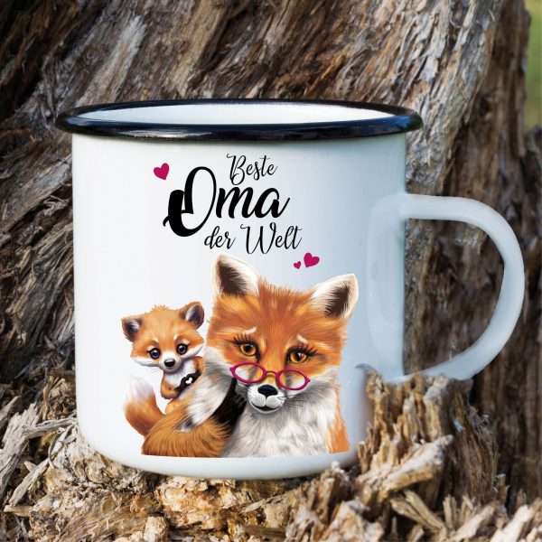 Auf dem Bild ist das Produkt: Emaille Campingbecher Fuchs Beste Oma der Welt Kaffeetasse Geschenk Muttertag Großmutter zum Preis von €18.90 abgebildet.