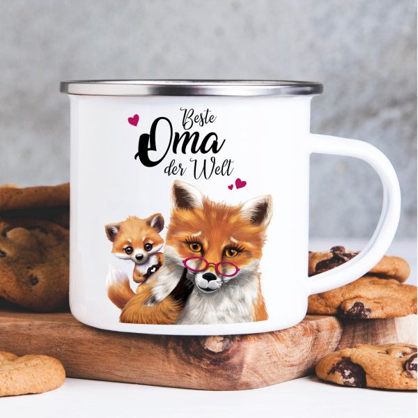 Auf dem Bild ist das Produkt: Emaille Campingbecher Fuchs Beste Oma der Welt Kaffeetasse Geschenk Muttertag Großmutter zum Preis von €18.90 abgebildet.