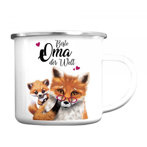Auf dem Bild ist das Produkt: Emaille Campingbecher Fuchs Beste Oma der Welt Kaffeetasse Geschenk Muttertag Großmutter zum Preis von €18.90 abgebildet.