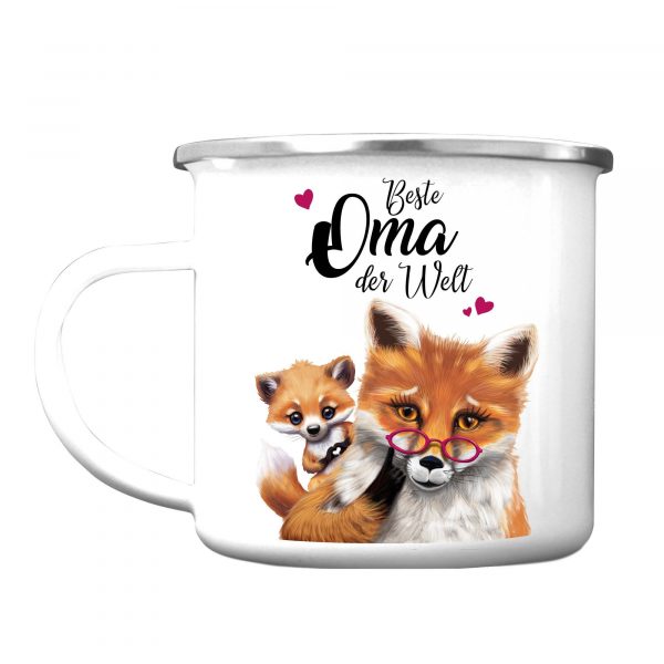 Auf dem Bild ist das Produkt: Emaille Campingbecher Fuchs Beste Oma der Welt Kaffeetasse Geschenk Muttertag Großmutter zum Preis von €18.90 abgebildet.