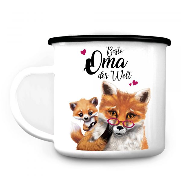 Auf dem Bild ist das Produkt: Emaille Campingbecher Fuchs Beste Oma der Welt Kaffeetasse Geschenk Muttertag Großmutter zum Preis von €18.90 abgebildet.