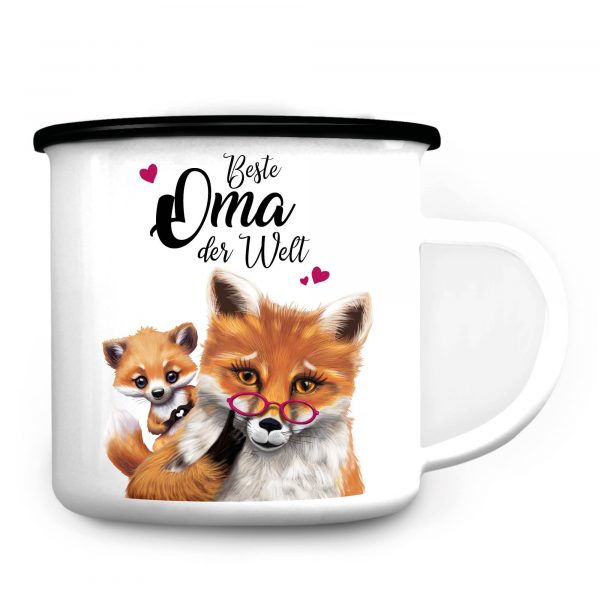 Auf dem Bild ist das Produkt: Emaille Campingbecher Fuchs Beste Oma der Welt Kaffeetasse Geschenk Muttertag Großmutter zum Preis von €18.90 abgebildet.
