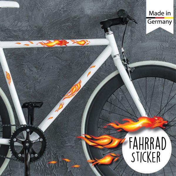 Auf dem Bild ist das Produkt: Fahrradaufkleber Wolf aus Flamen Feuer 21 Sticker Fahrrad Sticker Fahrraddesign Geburtstagsgeschenk zum Preis von €12.90 abgebildet.