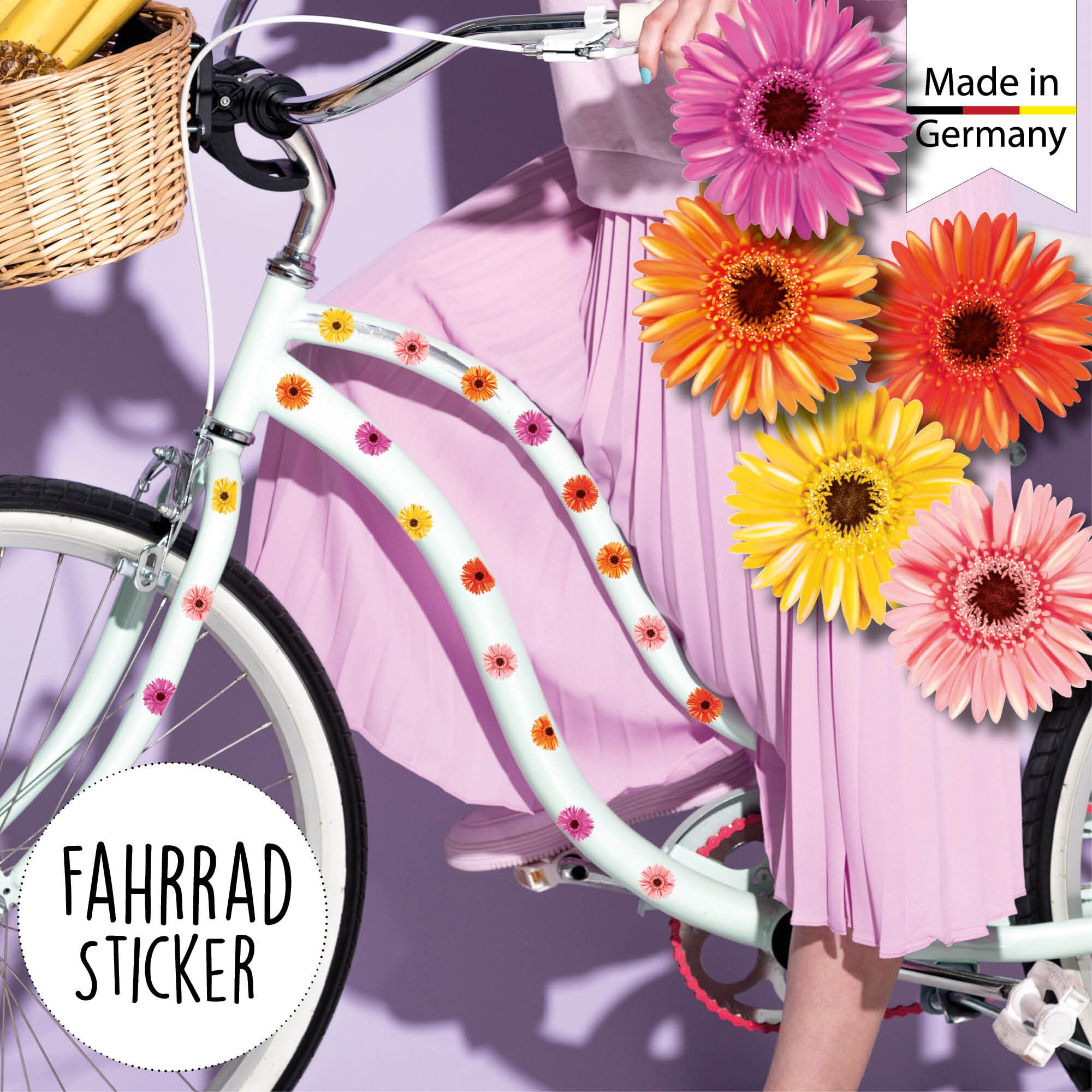 Fahrradaufkleber 35 farbenfrohe Gerbera Fahrrad Sticker Fahrraddesign Kinderfahrrad, Geschenk im Adventskalender