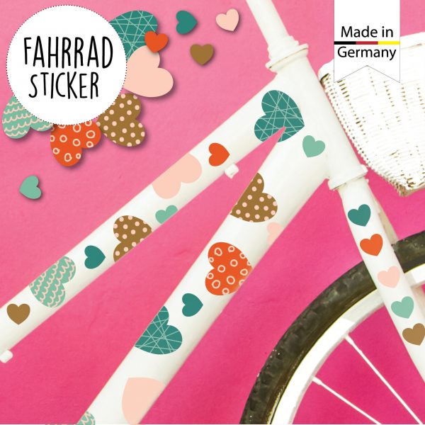 Auf dem Bild ist das Produkt: Fahrradaufkleber 64 Herzen Farbig Fahrrad Sticker Fahrraddesign Kinderfahrrad, Geburtstagsgeschenk zum Preis von €16.90 abgebildet.