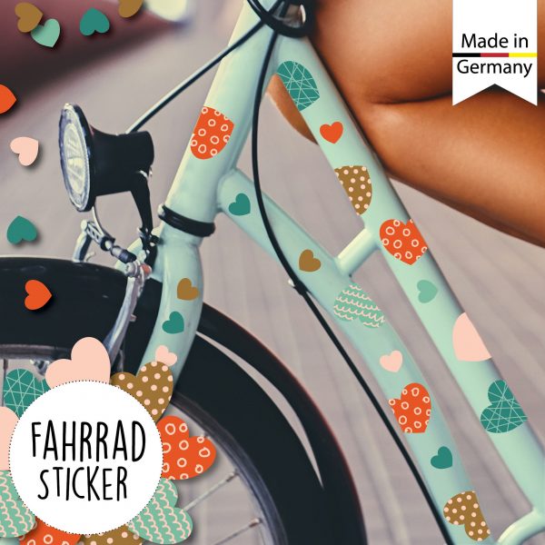 Auf dem Bild ist das Produkt: Fahrradaufkleber 64 Herzen Farbig Fahrrad Sticker Fahrraddesign Kinderfahrrad, Geburtstagsgeschenk zum Preis von €16.90 abgebildet.