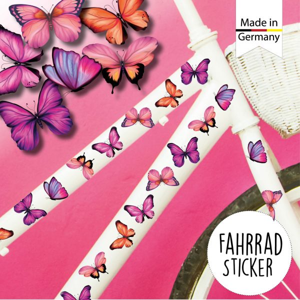 Auf dem Bild ist das Produkt: Fahrradaufkleber Rosa Schmetterlinge Fahrrad Sticker Fahrraddesign Kinderfahrrad, 34 Stück, Einschulung zum Preis von €12.90 abgebildet.