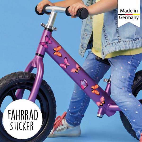 Auf dem Bild ist das Produkt: Fahrradaufkleber Rosa Schmetterlinge Fahrrad Sticker Fahrraddesign Kinderfahrrad, 34 Stück, Einschulung zum Preis von €12.90 abgebildet.