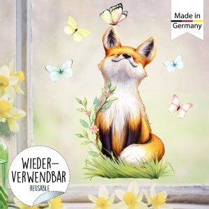 Auf dem Bild ist das Produkt: Fensterbild Frühling Fuchs Schmetterlinge Fensterdeko Kinderzimmer Fensterfolie zum Preis von €14.9 abgebildet.
