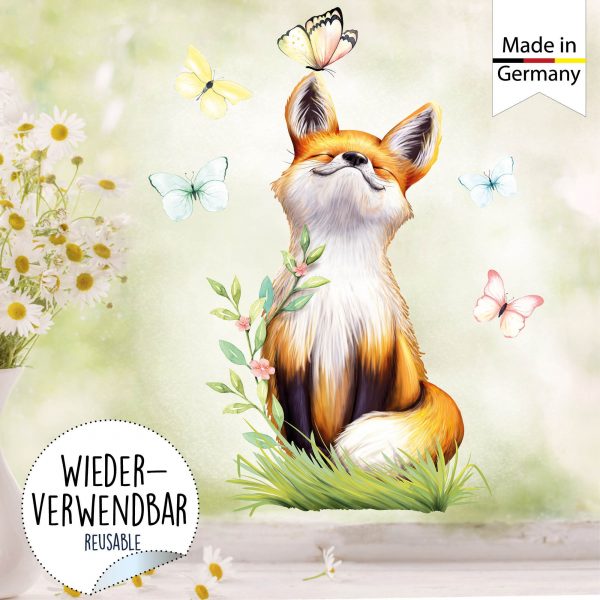 Auf dem Bild ist das Produkt: Fensterbild Frühling Fuchs Schmetterlinge Fensterdeko Kinderzimmer Fensterfolie zum Preis von €14.9 abgebildet.