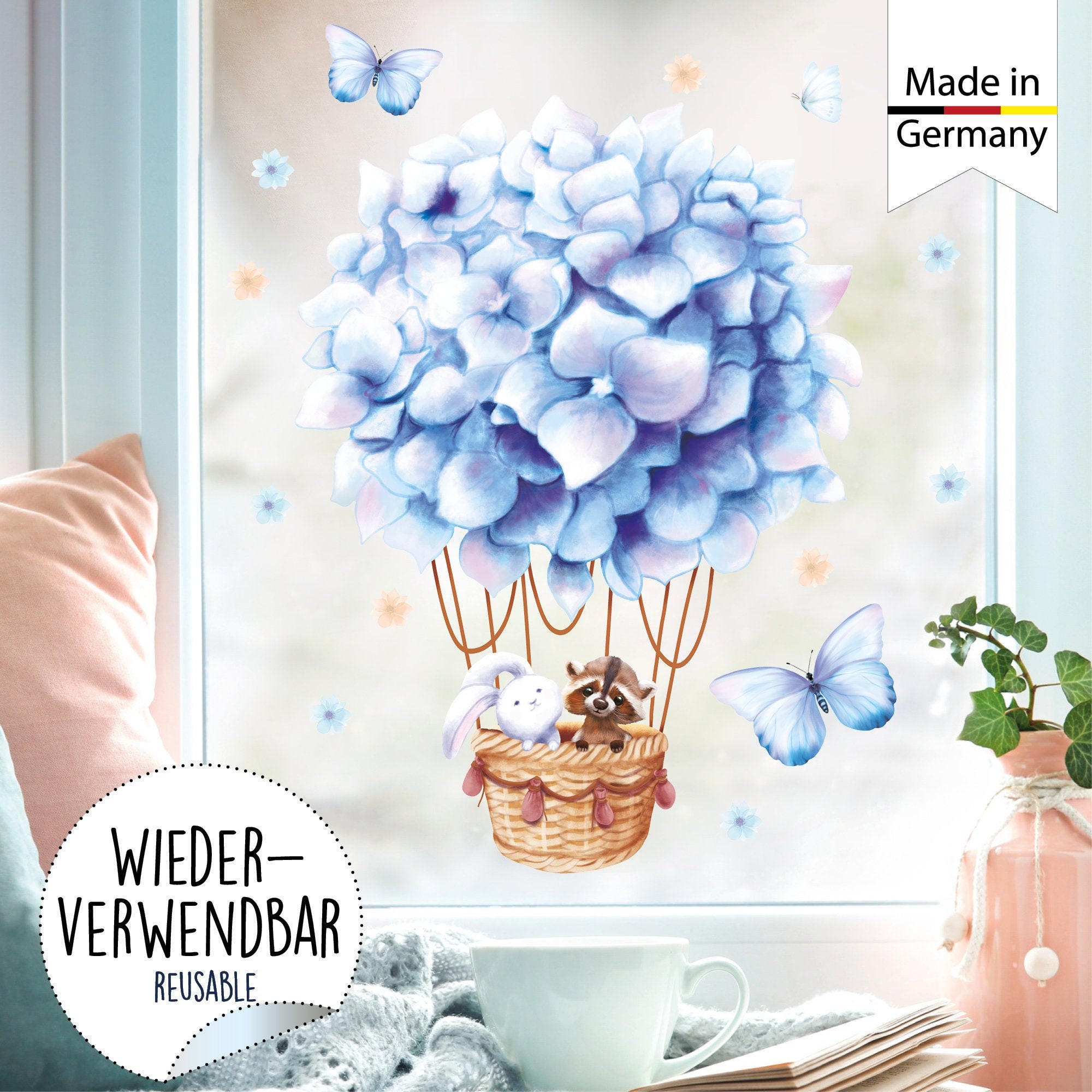 Fensterbild Frühling hellblauer Heißluftballon mit Waschbär und Hase Fensterdeko Kinderzimmer Kind, Frühlingsdeko